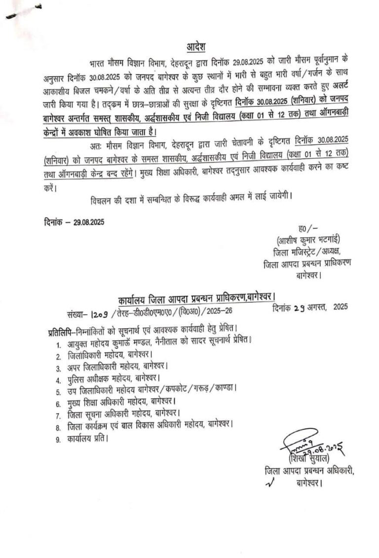 मौसम अलर्ट के चलते कल बंद रहेंगे सभी स्कूल और आंगनबाड़ी केंद्र