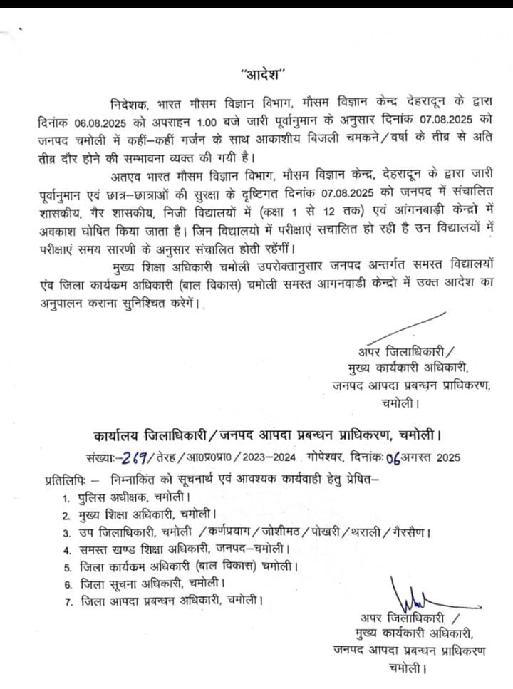  7 अगस्त को सभी स्कूल और आंगनबाड़ी केंद्र बंद, मौसम विभाग की चेतावनी के बाद प्रशासन का बड़ा फैसला