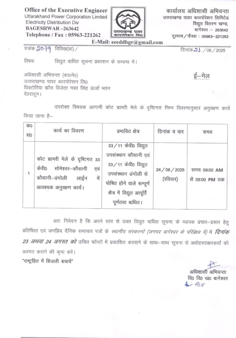 24 अगस्त को पूरे दिन रहेगी बिजली कटौती, विभाग ने जारी की अहम सूचना