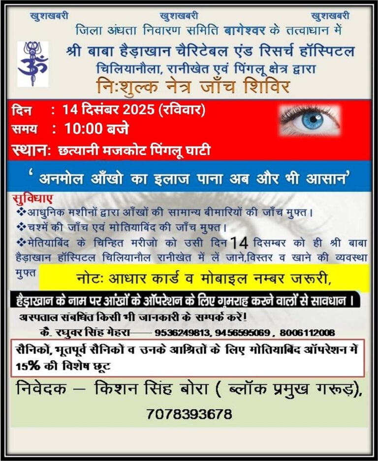 जिला अंधता निवारण समिति के तत्वाधान में निःशुल्क नेत्र जांच शिविर का आयोजन