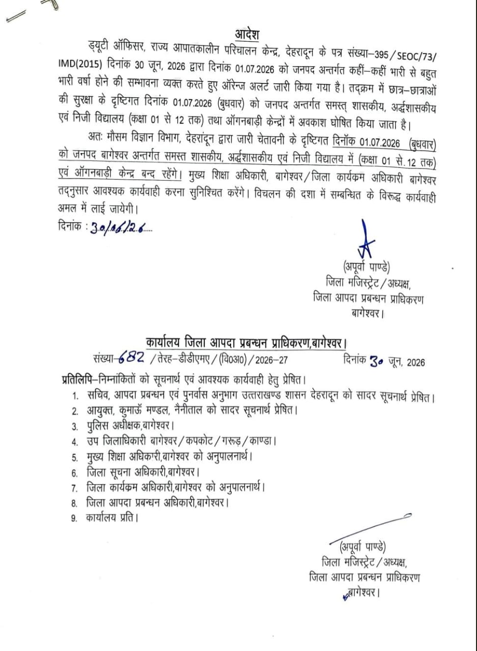  भारी बारिश की चेतावनी, 1 जुलाई को कक्षा 1 से 12 तक सभी स्कूल और आंगनबाड़ी केंद्र रहेंगे बंद