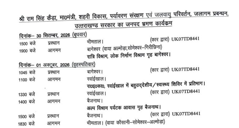 बागेश्वर पहुंच चुके हैं मंत्री राम सिंह कैड़ा, कल लगेगा बहुउद्देशीय स्वास्थ्य शिविर
